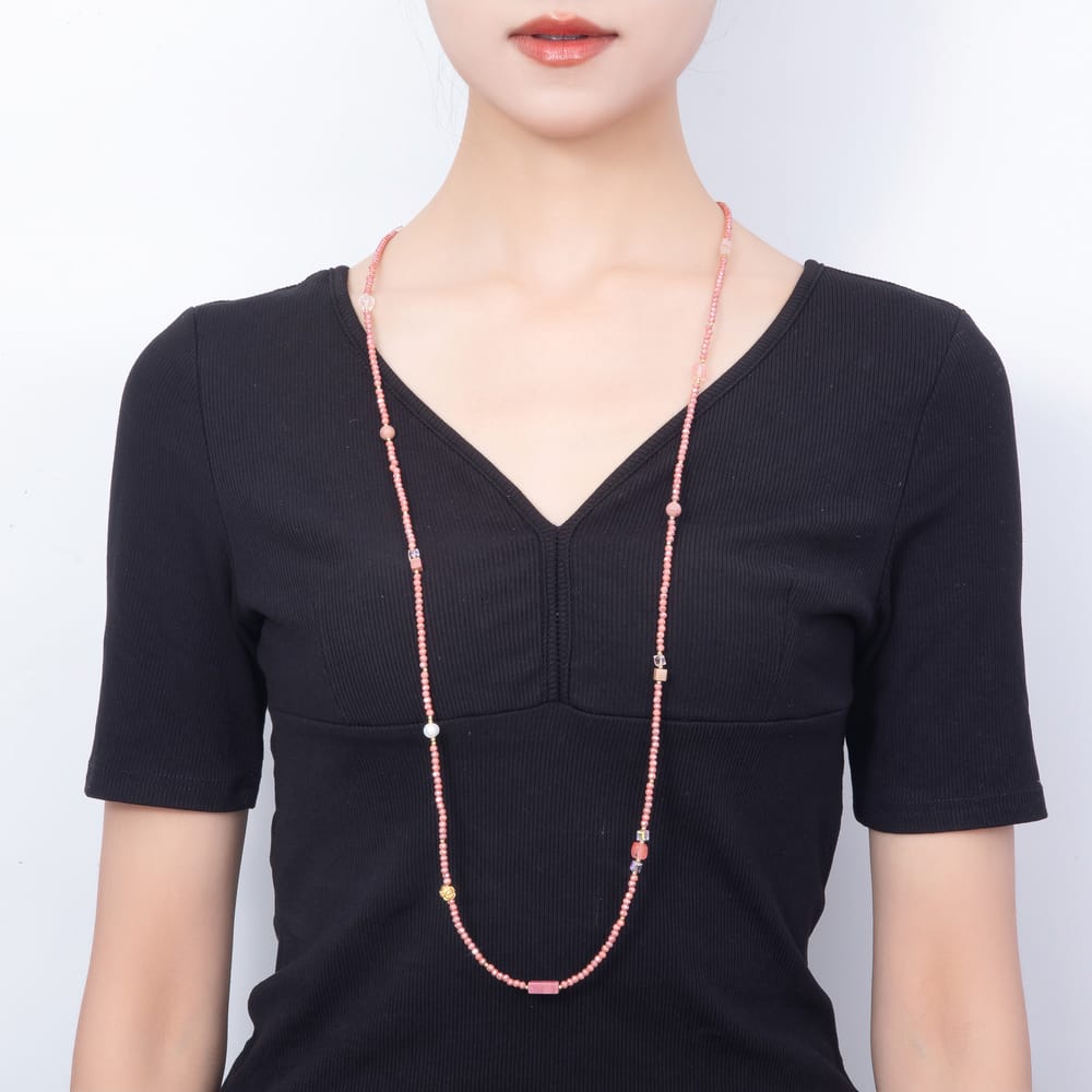 Stainless Steel 7mm Pink Rhodolite Multifaceted Round Crystal Gemstone Chain 40 Inch Necklace | WA-01188