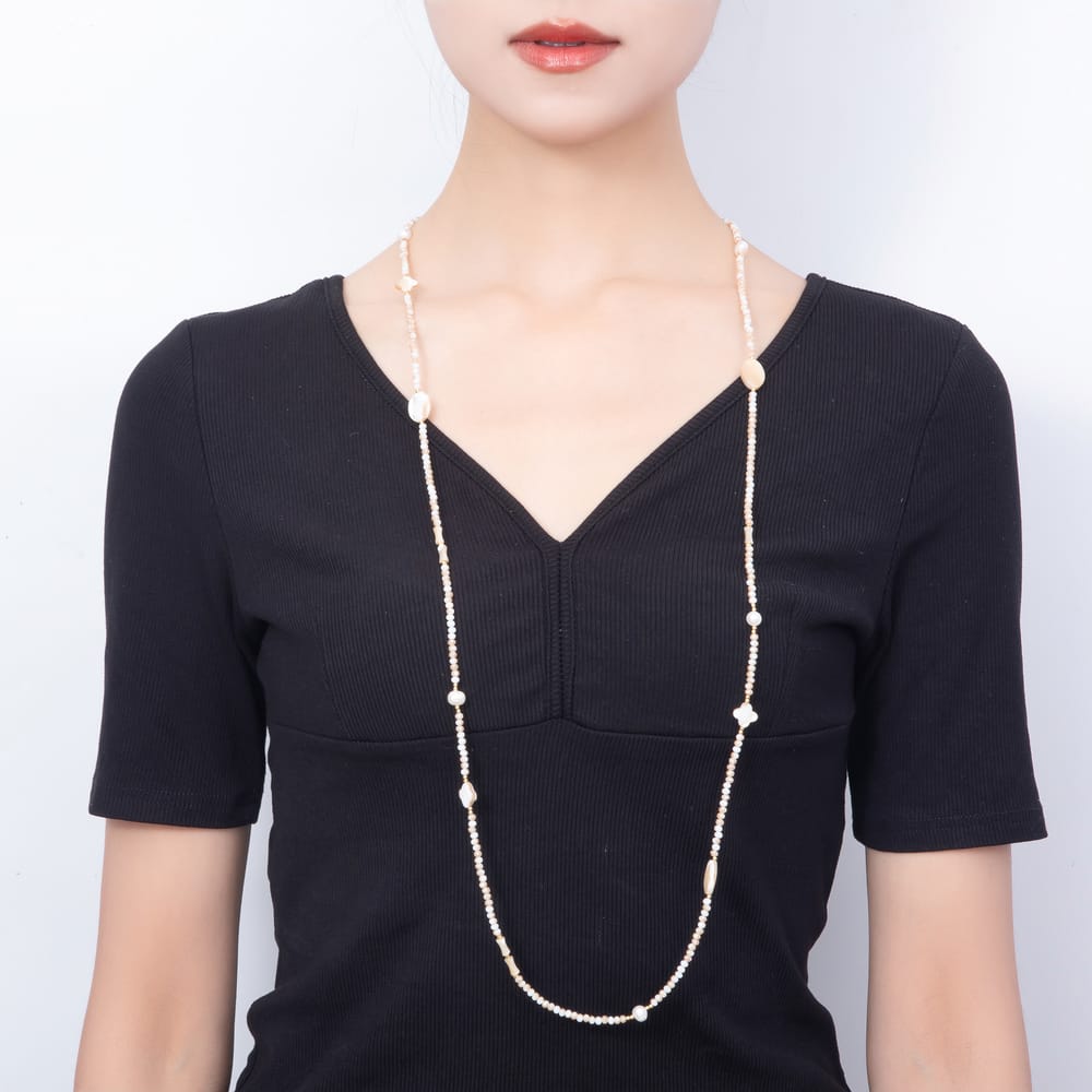 Stainless Steel 11mm Shell Pearl Citrine Multifaceted Round Crystal Gemstone Chain 40 Inch Necklace | WA-01224