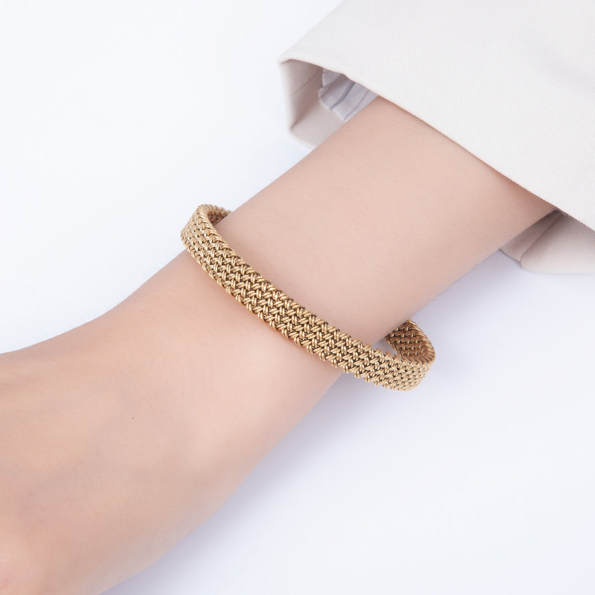 Stainless Steel Woven Mesh Chevron Open Cuff Adjustable Bracelet | WA-00457