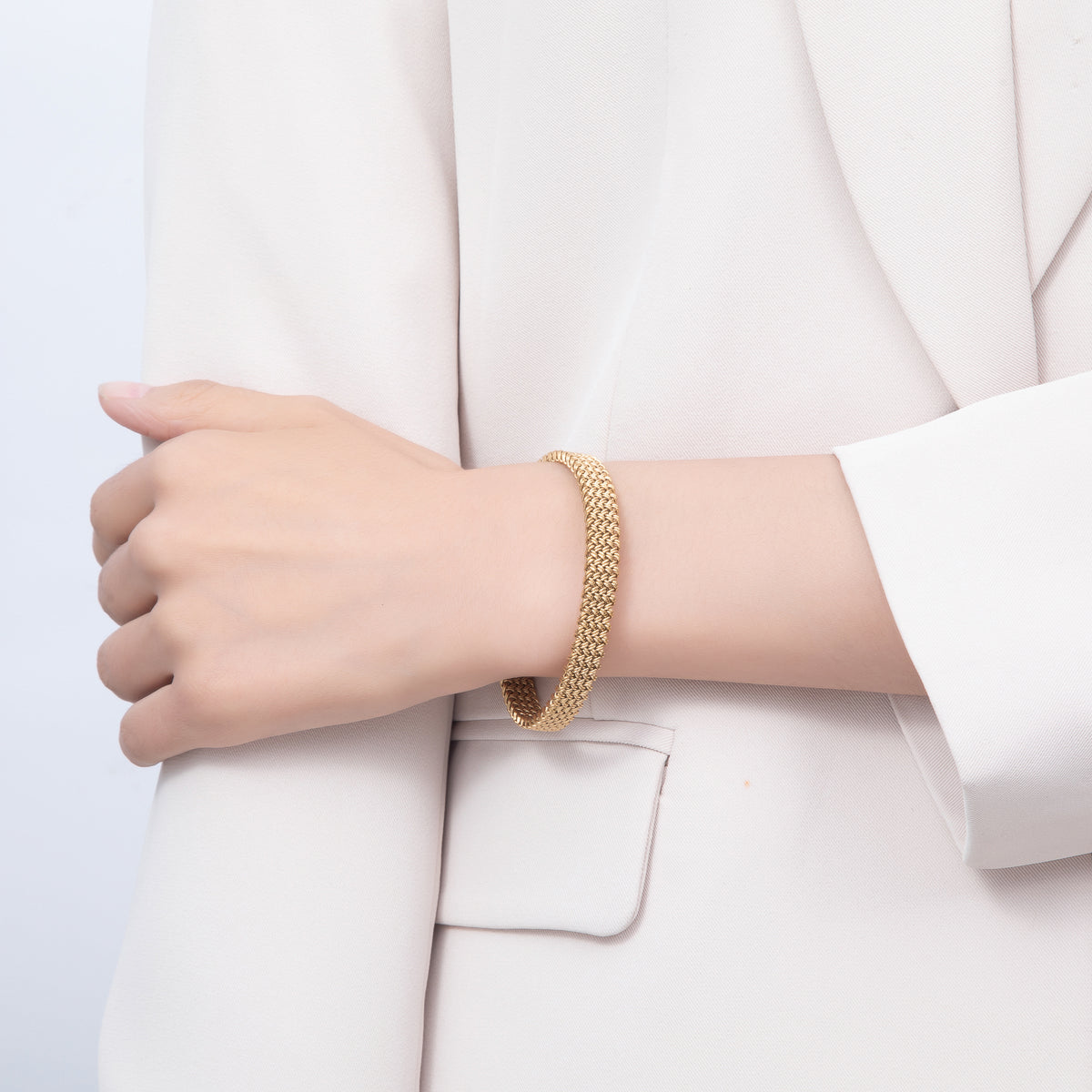 Stainless Steel Woven Mesh Chevron Open Cuff Adjustable Bracelet | WA-00457