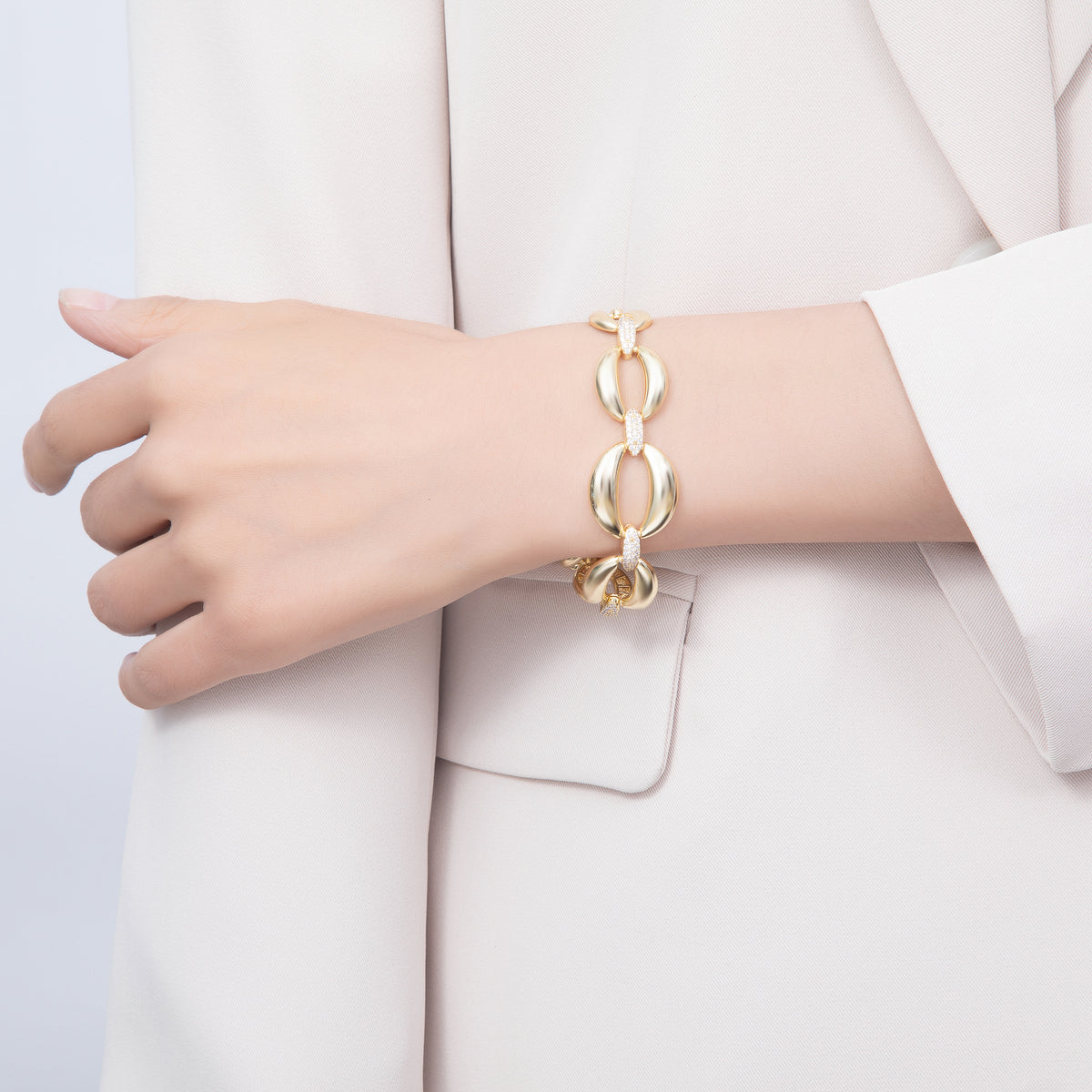 16K Gold 20mm Micro Paved CZ Puffed Mariner Link Bracelet | WA-00452 WA-00454