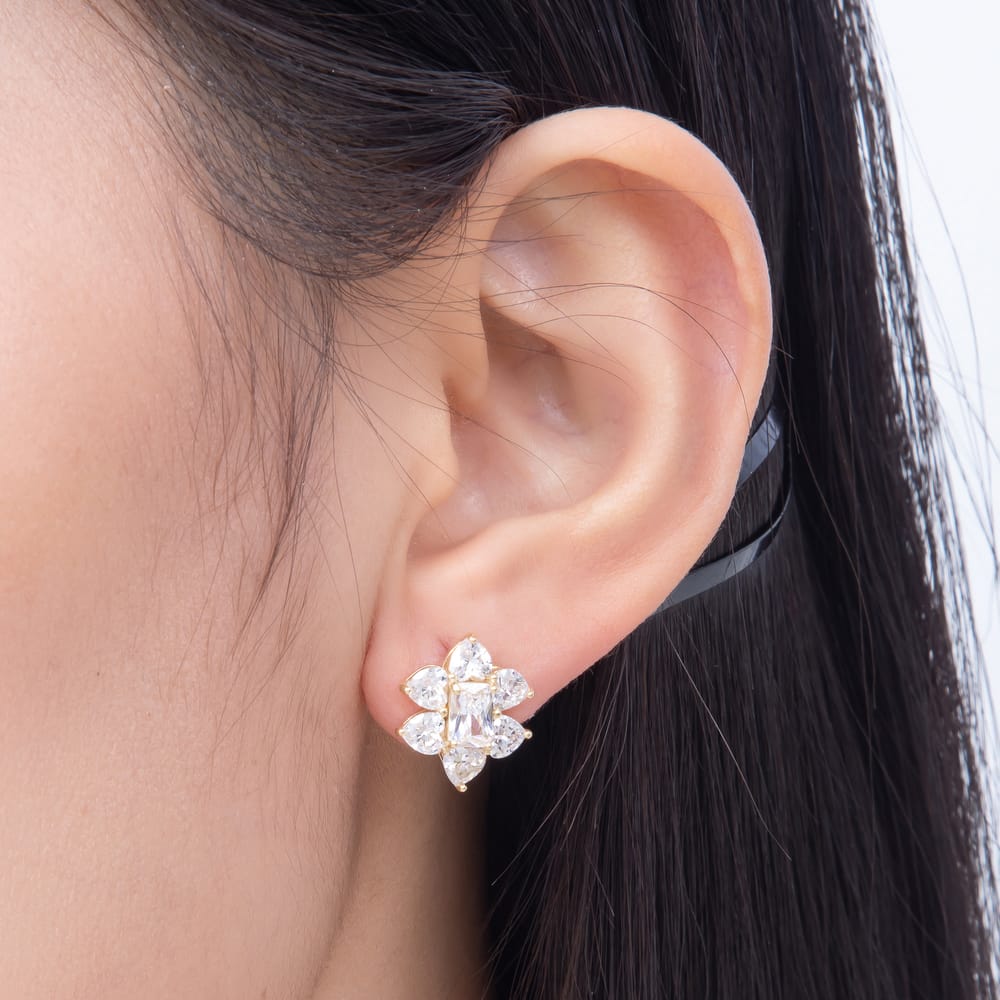 16K Gold Filled 14.5mm Clear CZ Baguette Heart Geometric Heart Stud Earrings | Earrings-01107