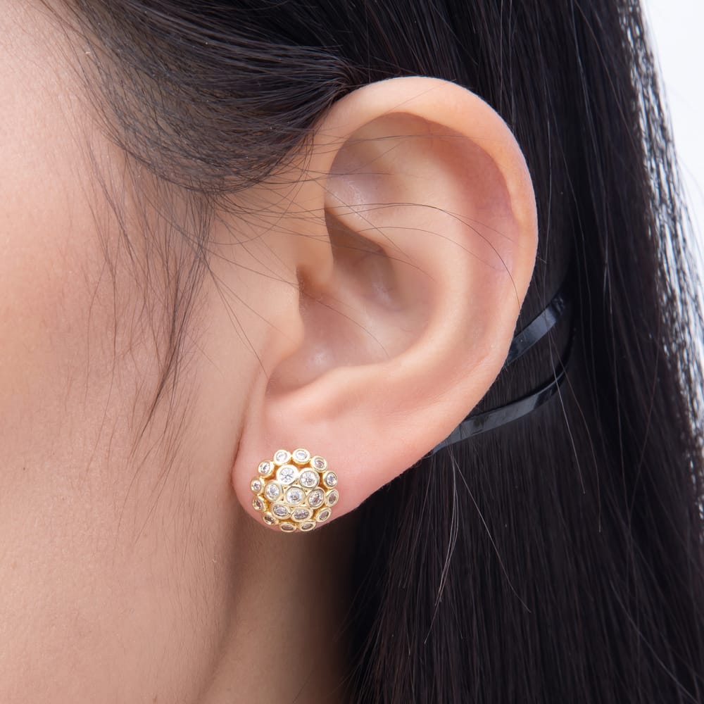 16K Gold Filled 11.5mm Clear CZ Round Bezel Dome Round Stud Earrings | Earrings-01088