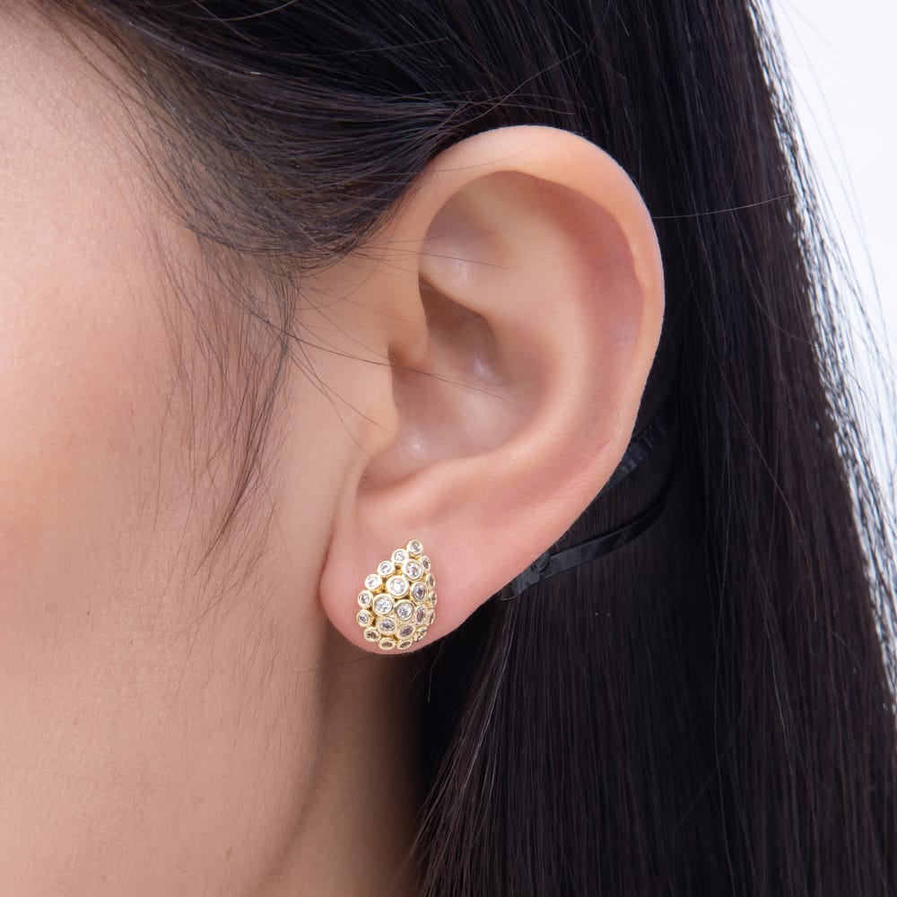 16K Gold Filled 13mm Clear CZ Round Bezel Dome Teardrop Stud Earrings | Earrings-01095