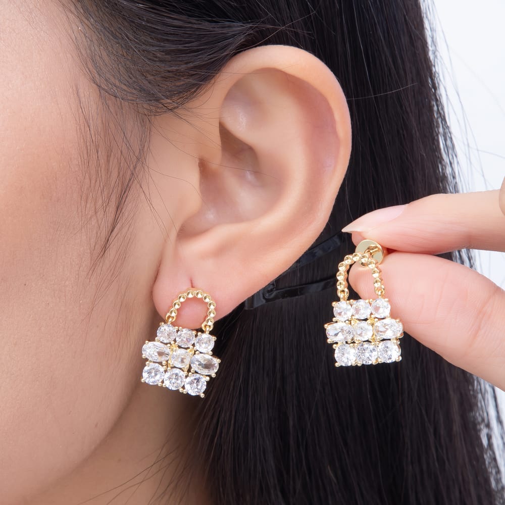 16K Gold Filled 22mm Clear Multi Cut CZ Luxury Handbag Stud Earrings| Earrings-00872 - Earrings-00873