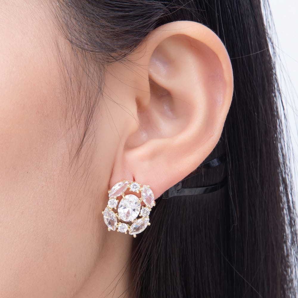 16K Gold Filled 17mm Oval & Marquise CZ Floral Cluster Stud Earrings in Gold & Silver | Earrings-00886 - Earrings-00887