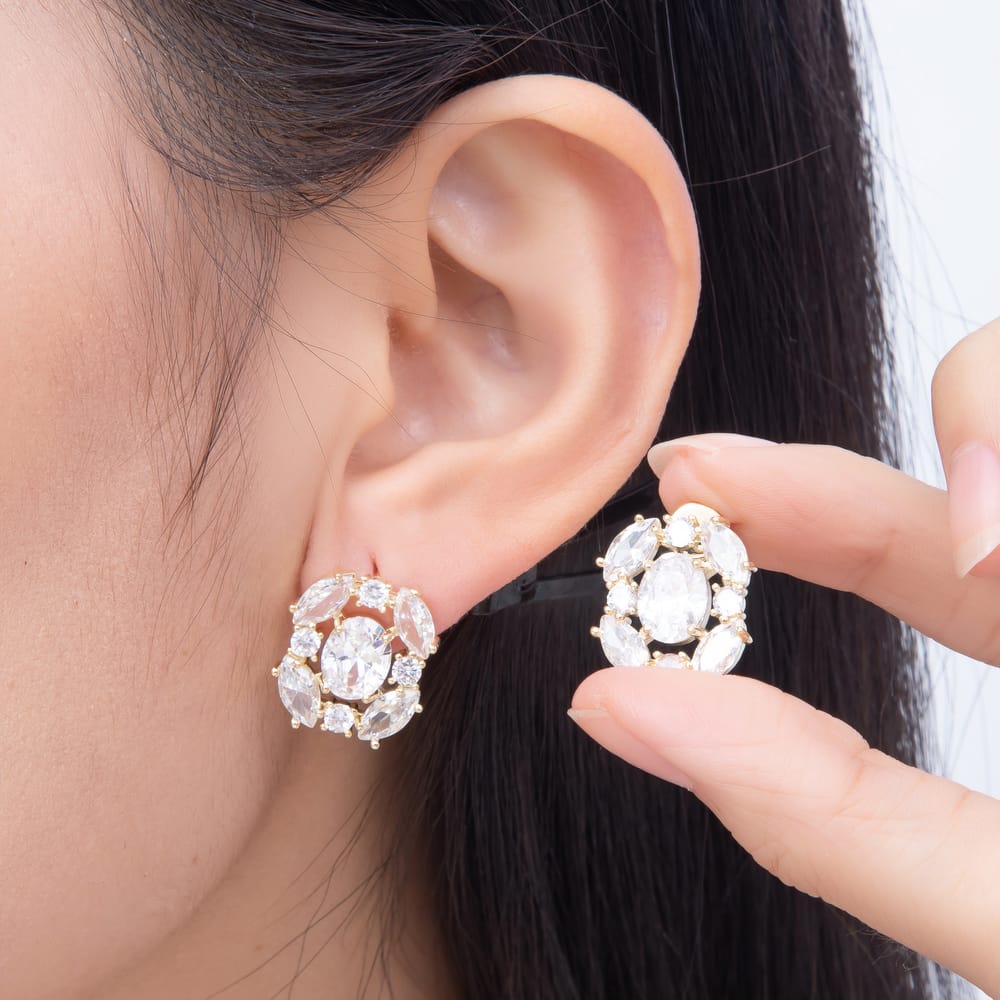 16K Gold Filled 17mm Oval & Marquise CZ Floral Cluster Stud Earrings in Gold & Silver | Earrings-00886 - Earrings-00887