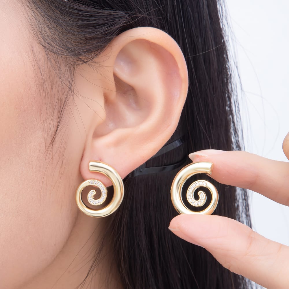 16K Gold Filled 20mm Clear Micro Paved CZ Spiral Swirl Geometric Stud Earrings | Earrings-01086