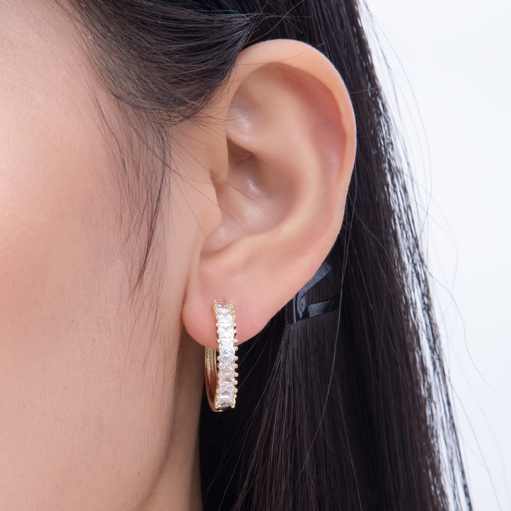 16K Gold Filled 24mm Baguette Square CZ Lined Hoop Earrings | Earrings-01101
