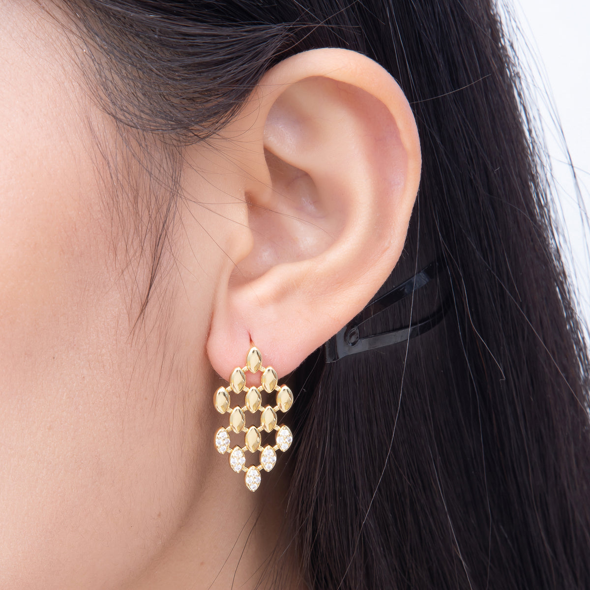 16K Gold Filled 27mm Half Micro Paved CZ Marquise Lattice Drop Stud Earrings in Gold & Silver | Earrings-00852 - Earrings-00853