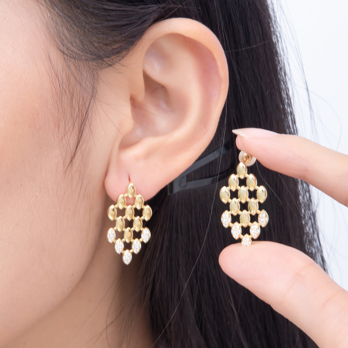 16K Gold Filled 27mm Half Micro Paved CZ Marquise Lattice Drop Stud Earrings in Gold & Silver | Earrings-00852 - Earrings-00853