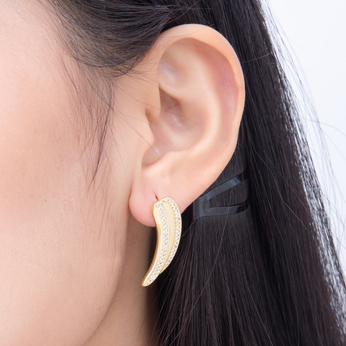 16K Gold Filled 27mm Micro Paved CZ Curved Tusk Drop Stud Earrings in Gold & Silver | Earrings-00856 - Earrings-00857