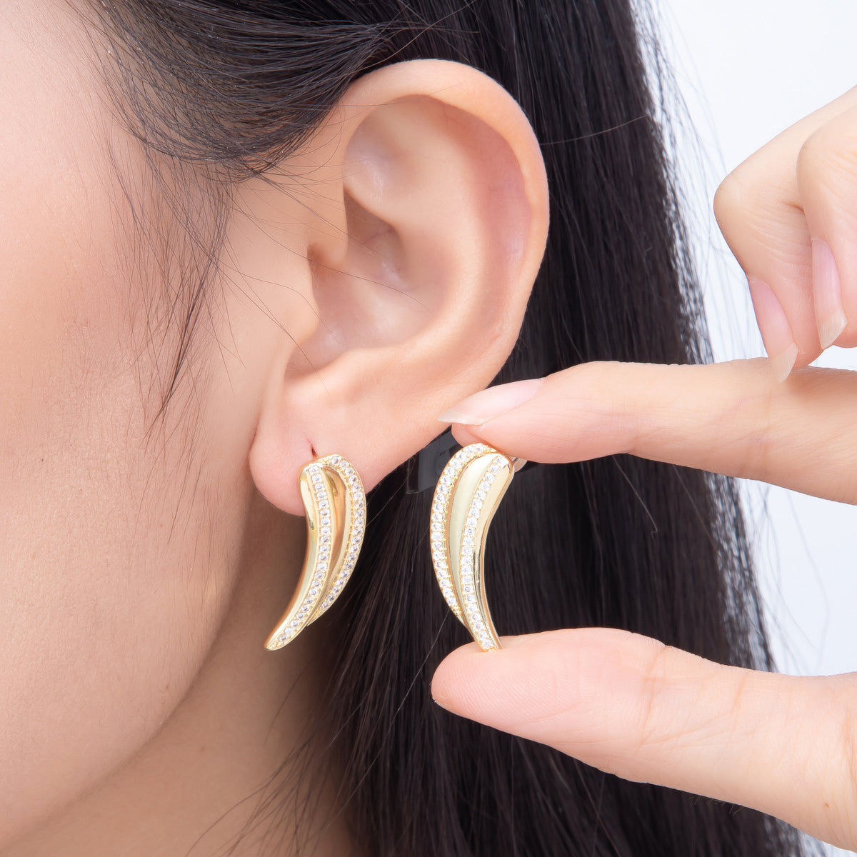 16K Gold Filled 27mm Micro Paved CZ Curved Tusk Drop Stud Earrings in Gold & Silver | Earrings-00856 - Earrings-00857