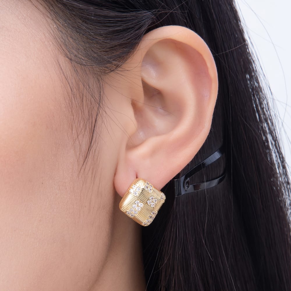 16K Gold Filled 17mm Micro Paved CZ Textured Rhombus Grid Stud Earrings| Earrings-00926