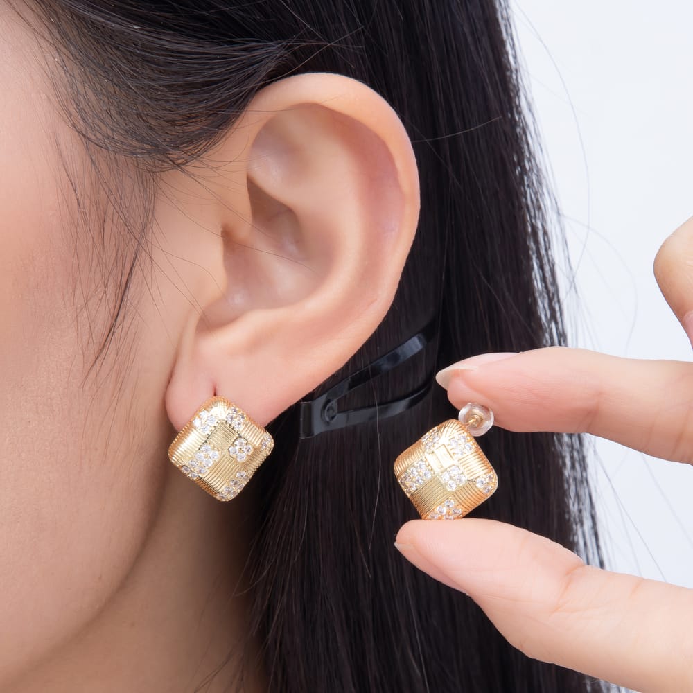 16K Gold Filled 17mm Micro Paved CZ Textured Rhombus Grid Stud Earrings| Earrings-00926