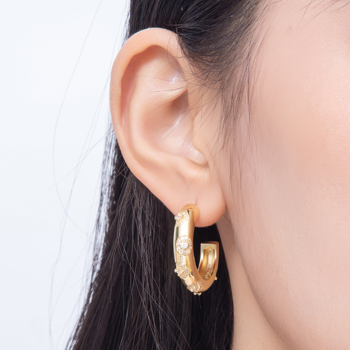16K Gold Filled 29mm Starburst CZ Chunky Open Hoop Earrings in Gold & Silver | Earrings-00854 - Earrings-00855