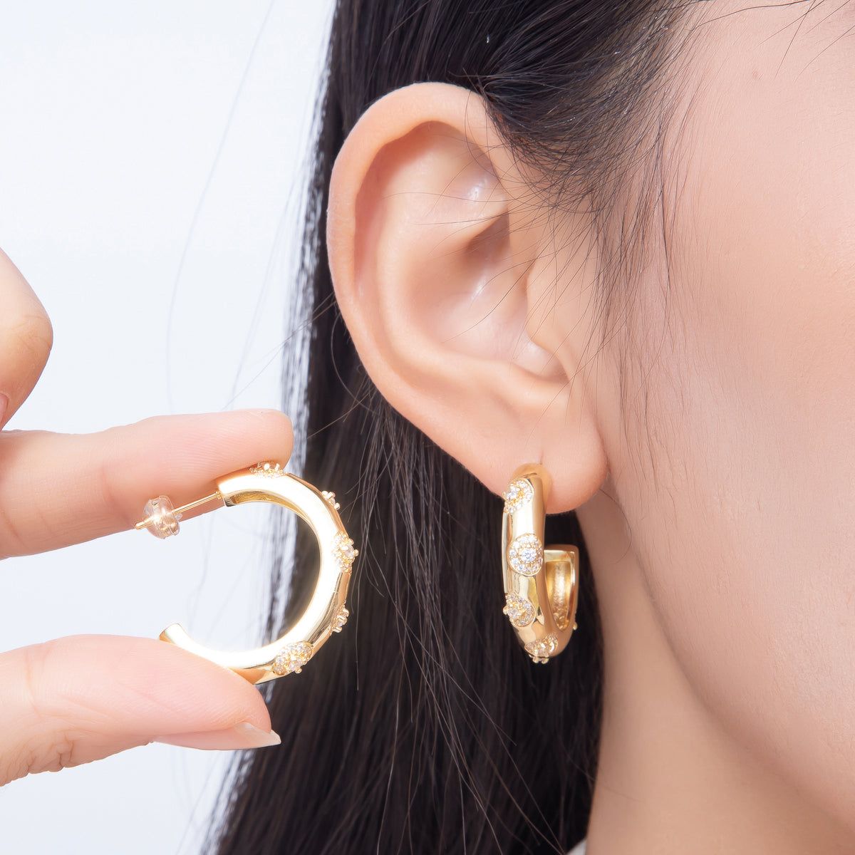 16K Gold Filled 29mm Starburst CZ Chunky Open Hoop Earrings in Gold & Silver | Earrings-00854 - Earrings-00855