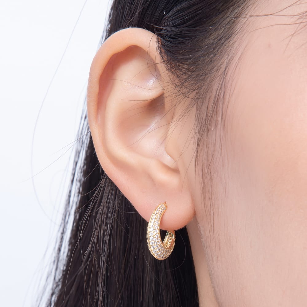 16K Gold Filled 24mm Micro Paved CZ Thin Dome J-Shaped Hoop Earrings | Earrings-01093