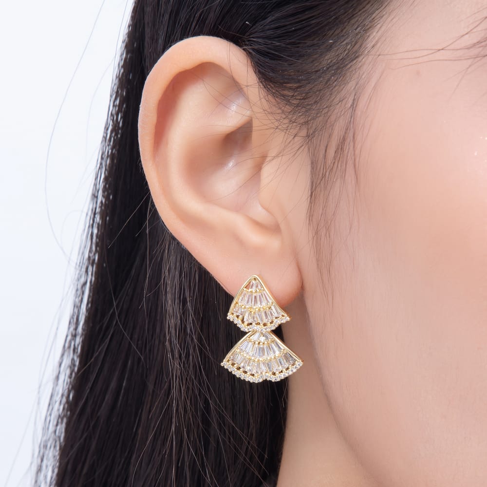 16K Gold Filled 24mm Baguette Micro Paved CZ Double Fan Drop Stud Earrings | Earrings-01091