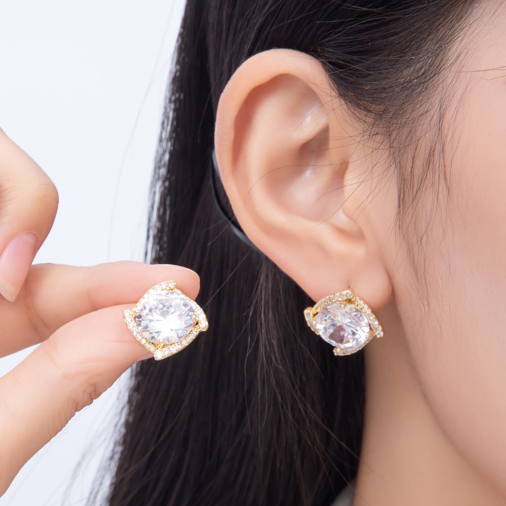 16K Gold Filled 18mm Round CZ Micro Paved Swirl Halo Stud Earrings| Earrings-00936