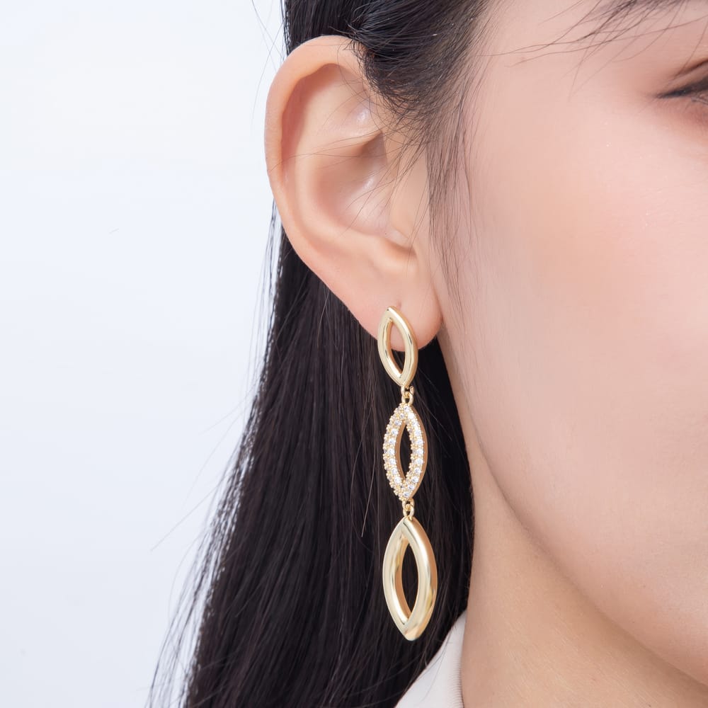 16K Gold Filled 65mm 3-Tier Marquise Micro Paved CZ Drop Stud Earrings| Earrings-00884 - Earrings-00885