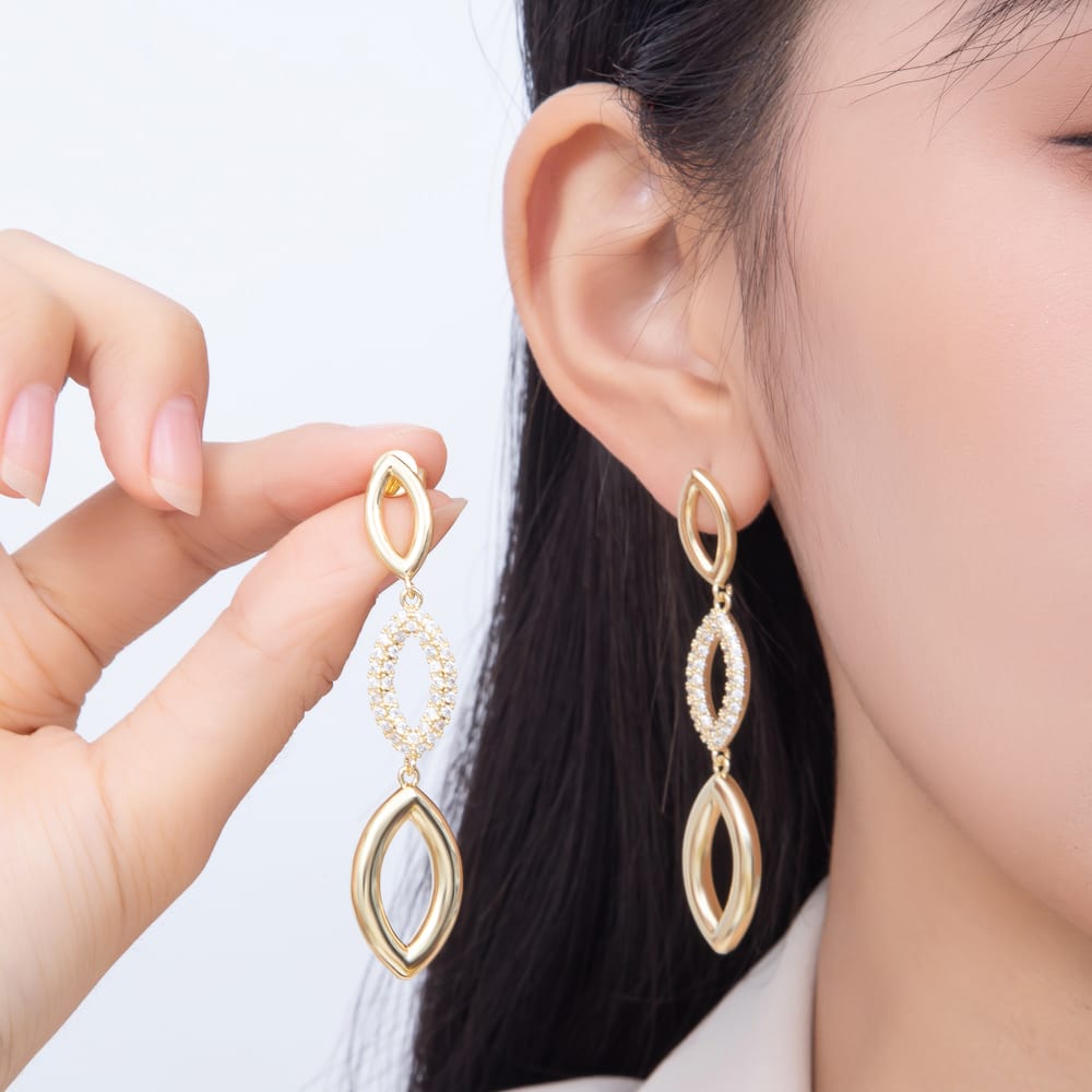 16K Gold Filled 65mm 3-Tier Marquise Micro Paved CZ Drop Stud Earrings| Earrings-00884 - Earrings-00885