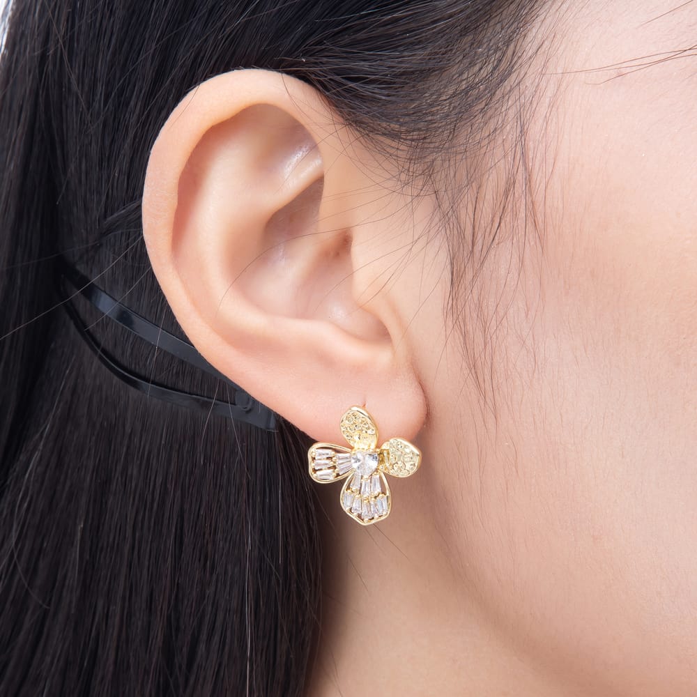 16K Gold Filled 19mm Heart & Baguette CZ Sandblasted Four-Petal Flower Stud Earrings in Gold & Silver | Earrings-00892 - Earrings-00893