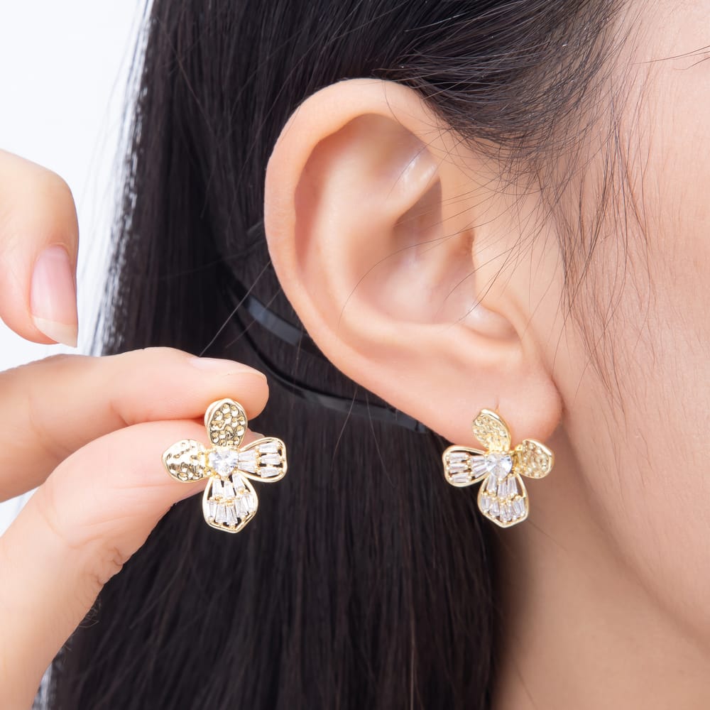 16K Gold Filled 19mm Heart & Baguette CZ Sandblasted Four-Petal Flower Stud Earrings in Gold & Silver | Earrings-00892 - Earrings-00893