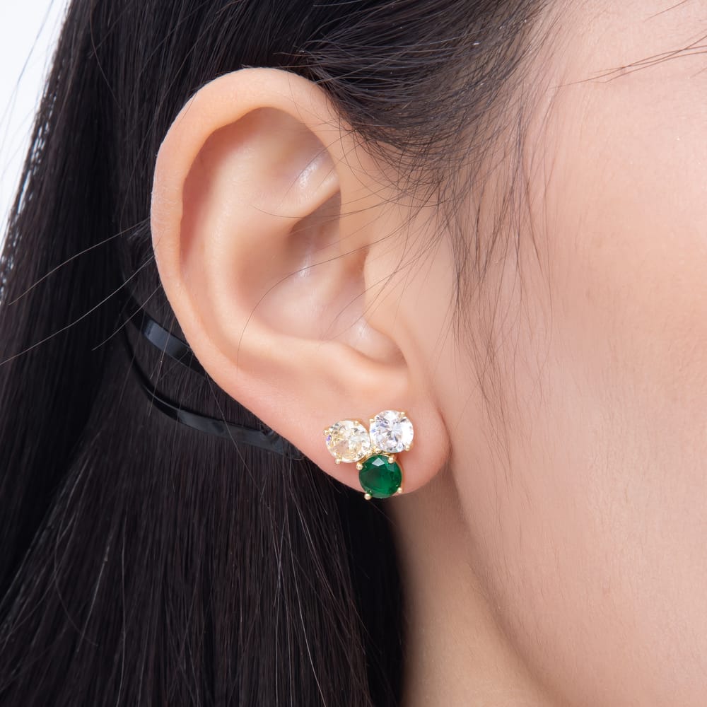 16K Gold Filled 15mm Trio Round Emerald Green Clear Yellow CZ Cluster Stud Earrings | Earrings-00935