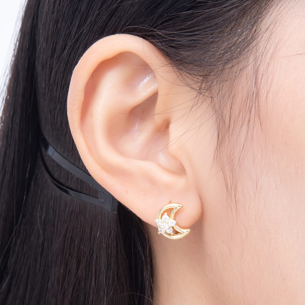 16K Gold Filled 13mm Celestial Crescent Moon Flower CZ Open Cartilage Huggie Earrings | Earrings-01099
