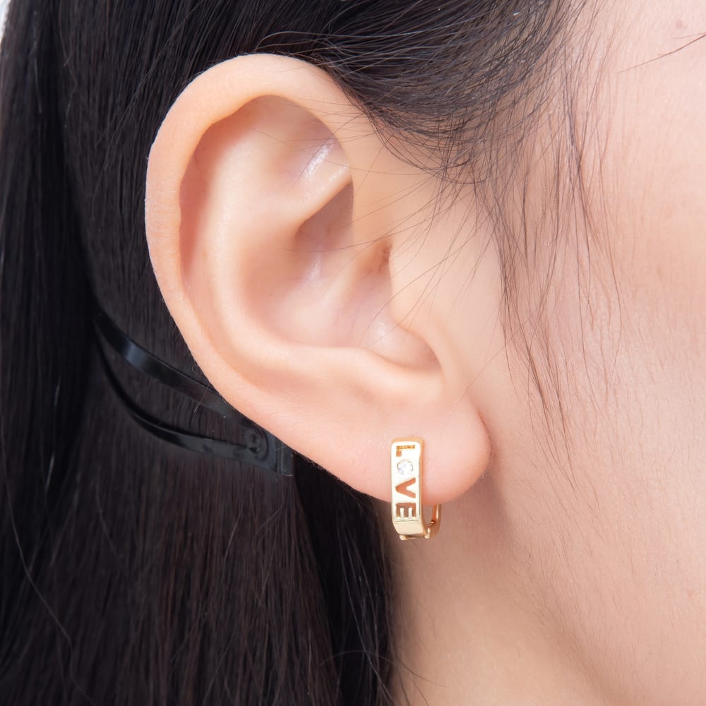 16K Gold Filled 12mm Clear CZ "LOVE" Open Rectangle U-Shaped Cartilage Huggie Earrings | Earrings-01089