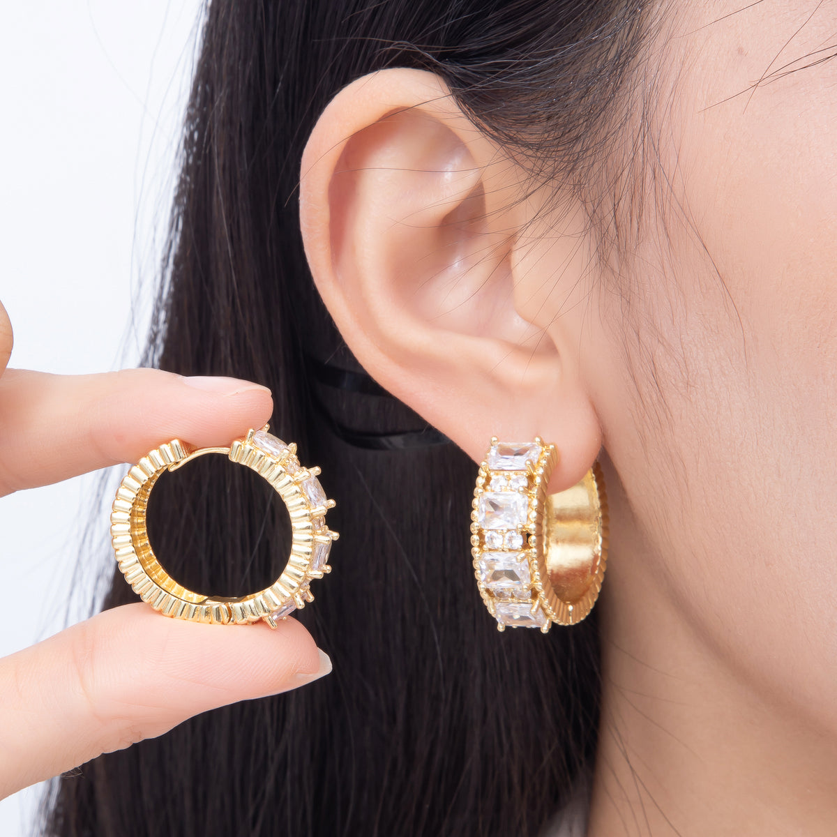 16K Gold Filled 29mm Clear Princess Cut CZ Wide Chunky Huggie Hoop Earrings in Gold & Silver | Earrings-00864 - Earrings-00865