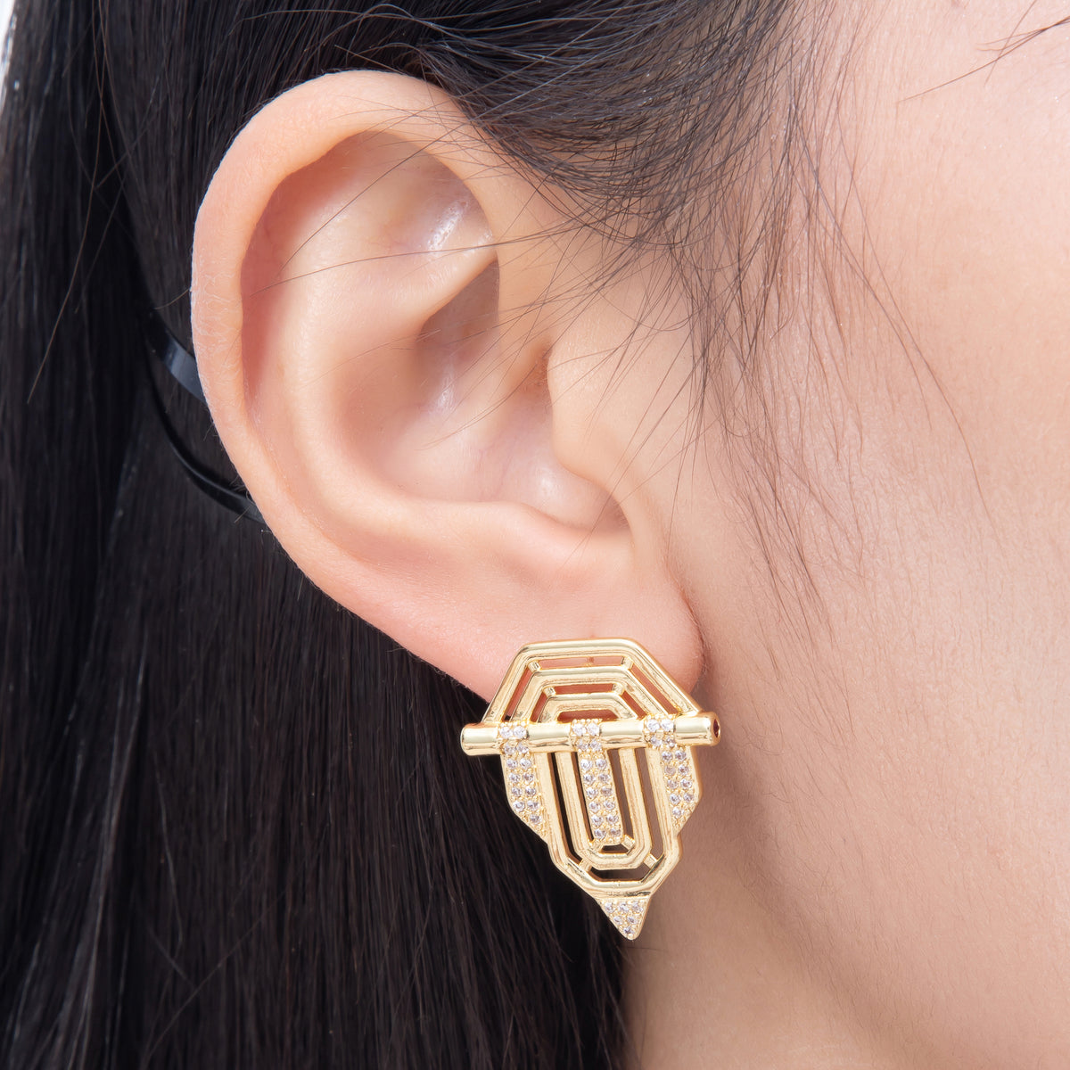 16K Gold Filled 27mm Clear Micro Paved CZ Art Deco Geometric Layered Drop Stud Earrings | Earrings-00851