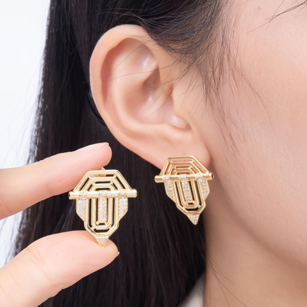 16K Gold Filled 27mm Clear Micro Paved CZ Art Deco Geometric Layered Drop Stud Earrings | Earrings-00851