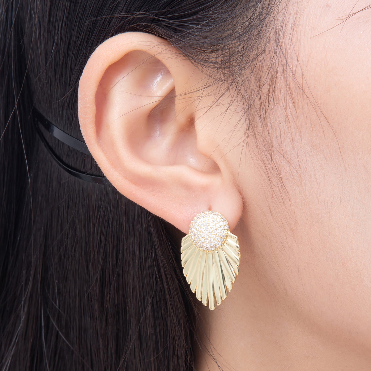 16K Gold Filled 27mm Dome Micro Paved CZ Art Deco Feather Fan Statement Stud Earrings in Gold & Silver | Earrings-00862 - Earrings-00863