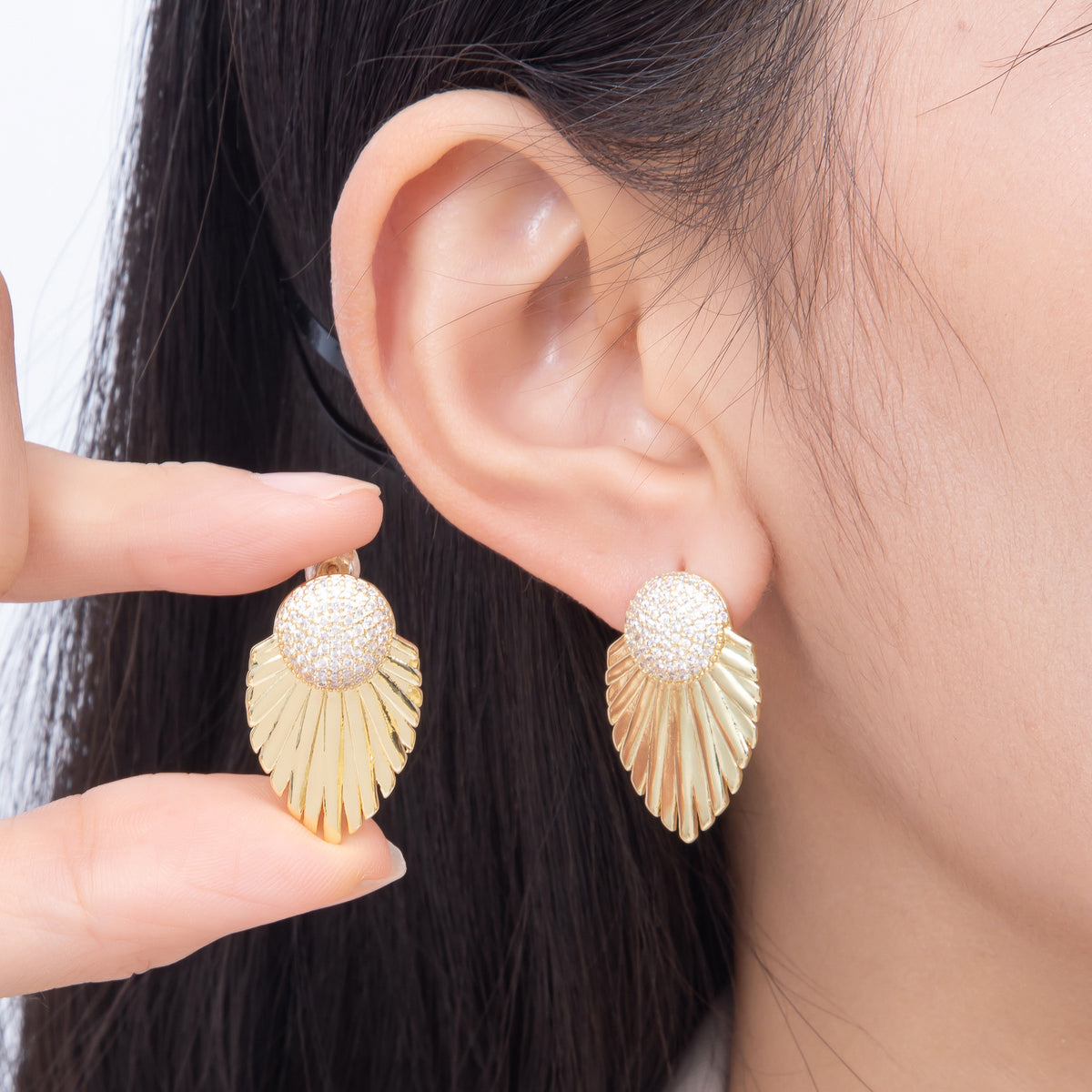 16K Gold Filled 27mm Dome Micro Paved CZ Art Deco Feather Fan Statement Stud Earrings in Gold & Silver | Earrings-00862 - Earrings-00863