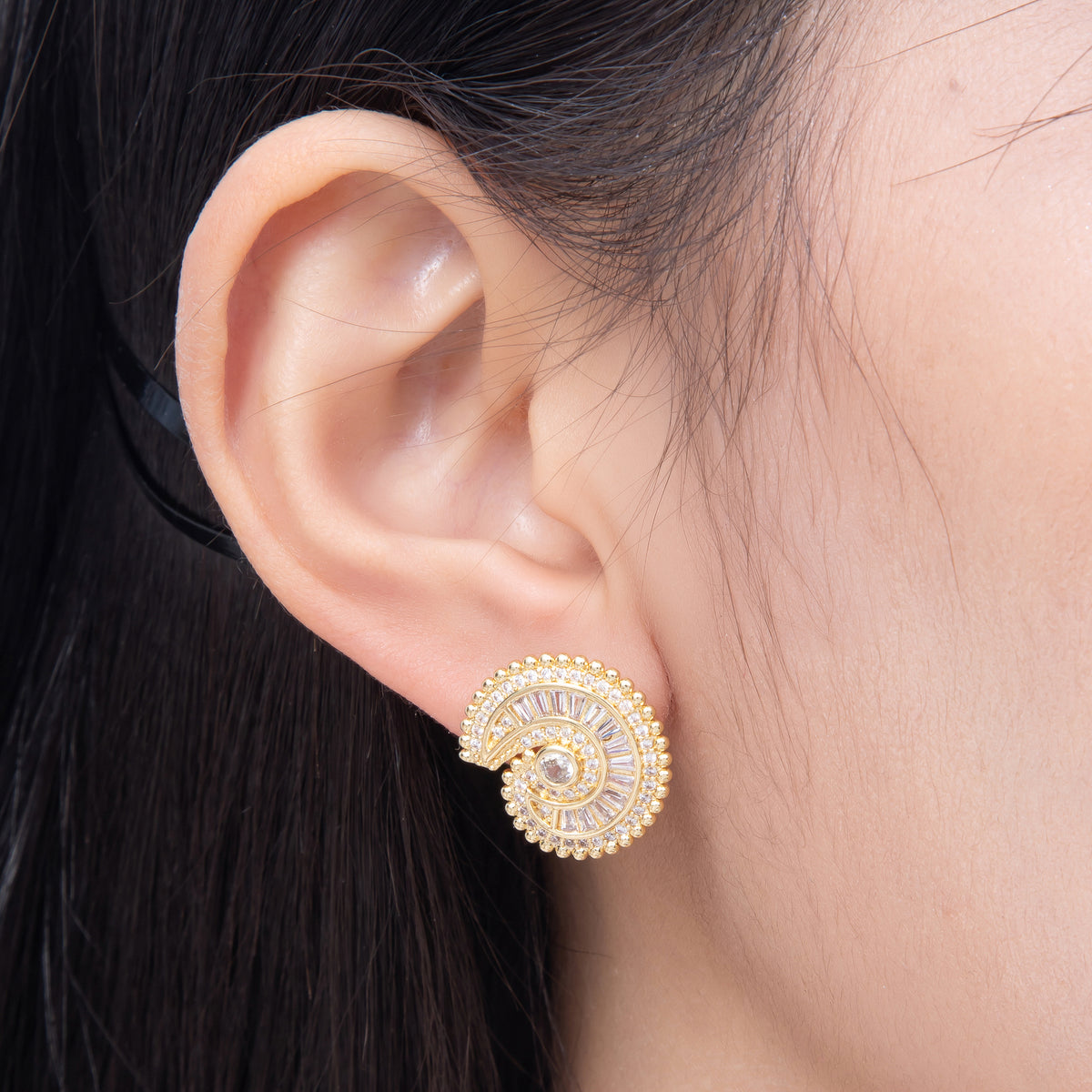 16K Gold Filled 19mm Baguette Micro Paved CZ Nautical Ocean Spiral Statement Stud Earrings in Gold & Silver | Earrings-00860 - Earrings-00861