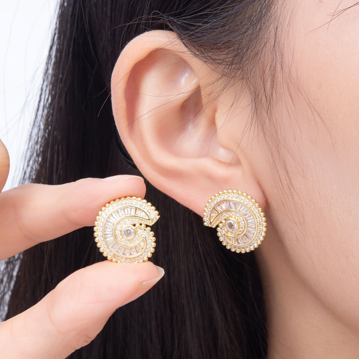16K Gold Filled 19mm Baguette Micro Paved CZ Nautical Ocean Spiral Statement Stud Earrings in Gold & Silver | Earrings-00860 - Earrings-00861