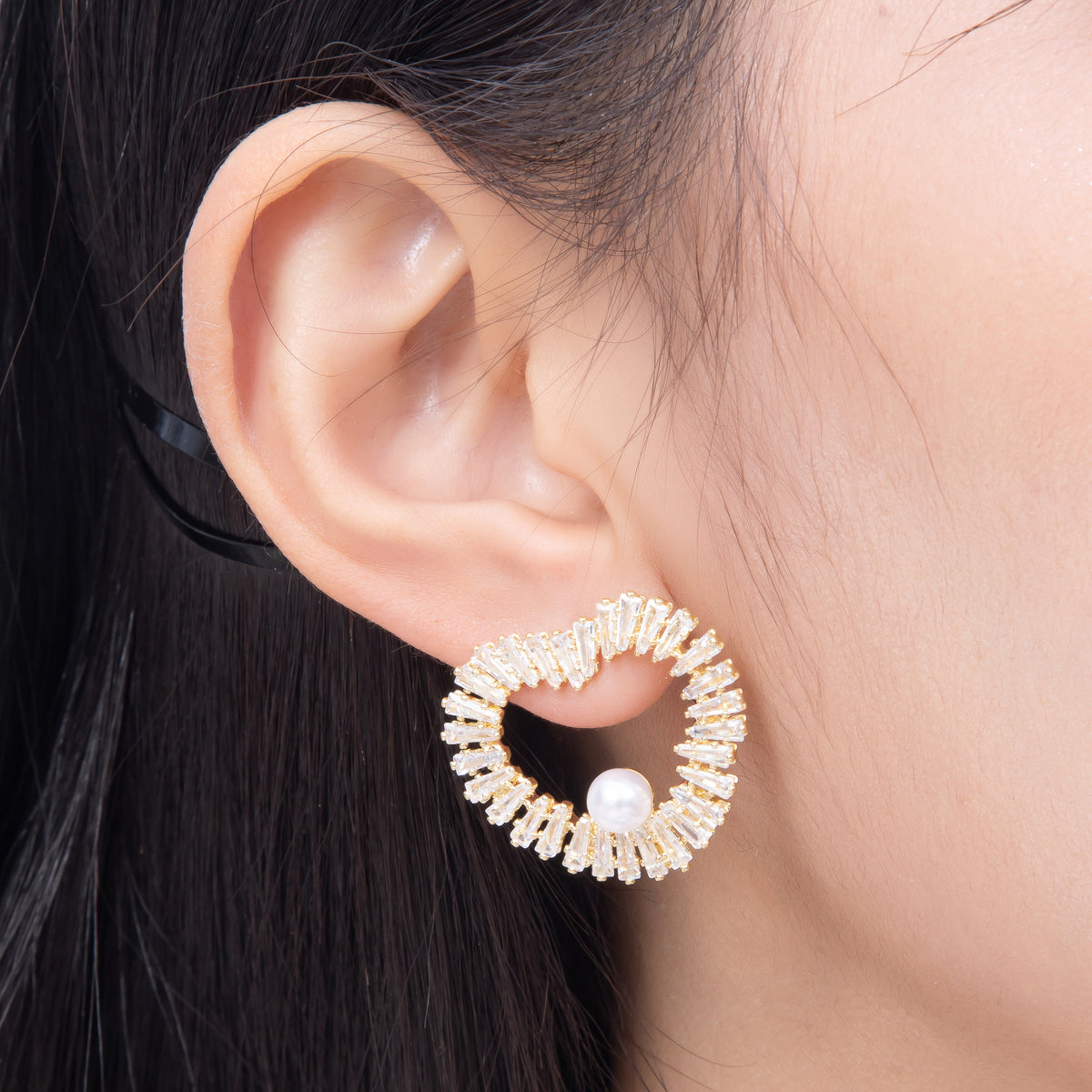 16K Gold Filled 26mm Shell Pearl Baguette CZ Open Heart Stud Earrings in Gold & Silver | Earrings-00845 - Earrings-00846