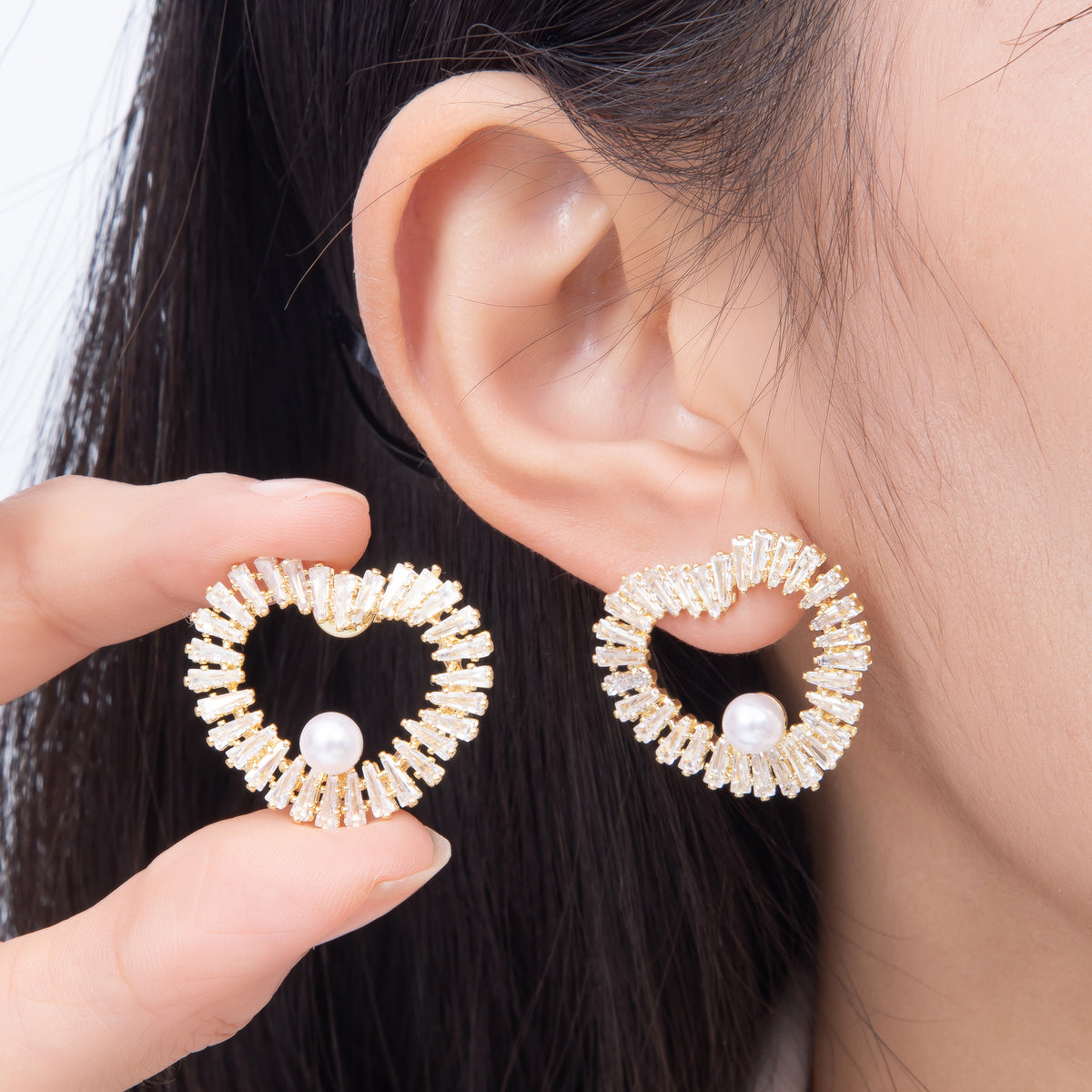 16K Gold Filled 26mm Shell Pearl Baguette CZ Open Heart Stud Earrings in Gold & Silver | Earrings-00845 - Earrings-00846