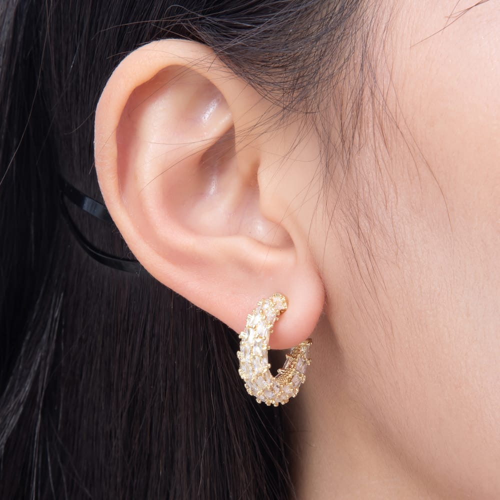 16K Gold Filled 25mm Baguette Lined C-Shaped Hoop Earrings in Gold & Silver | Earrings-00878 Earrings-00879