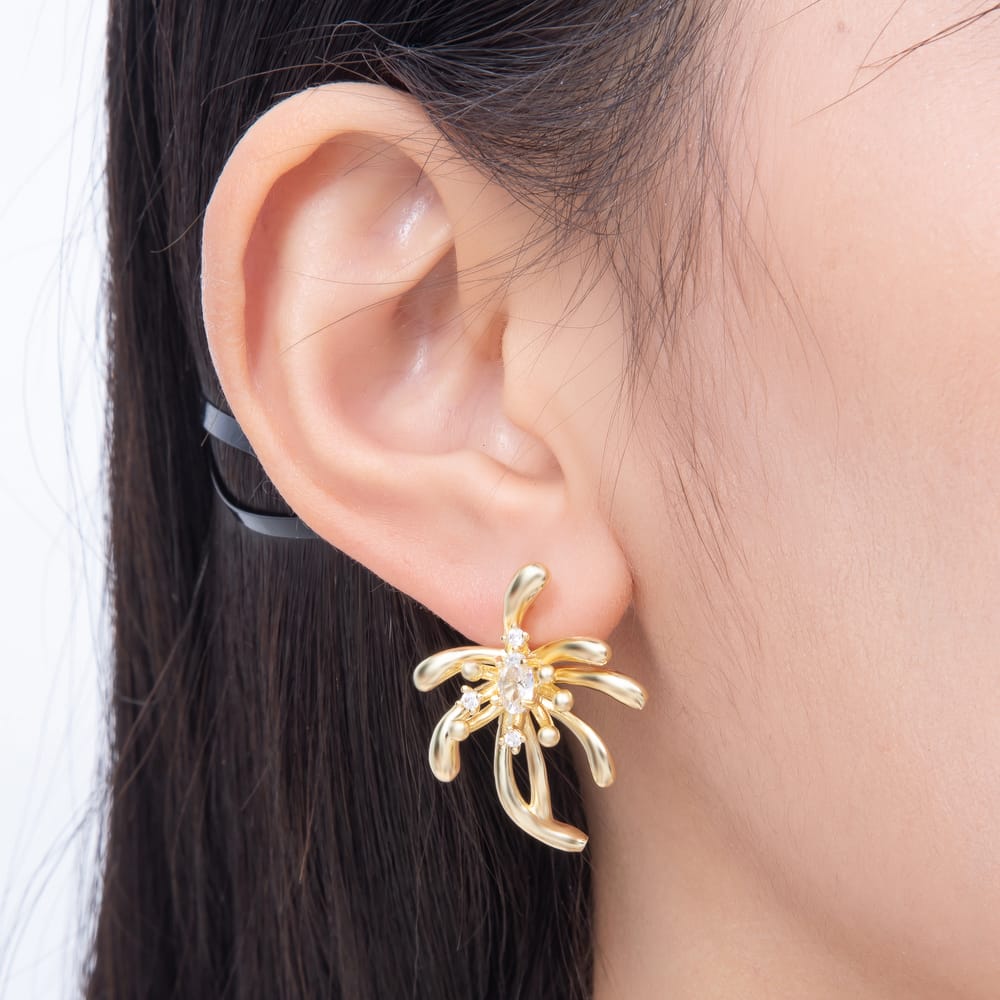 16K Gold Filled 30mm Oval CZ Sculptural Firework Stud Earrings in Gold & Silver | Earrings-00882 - Earrings-00883