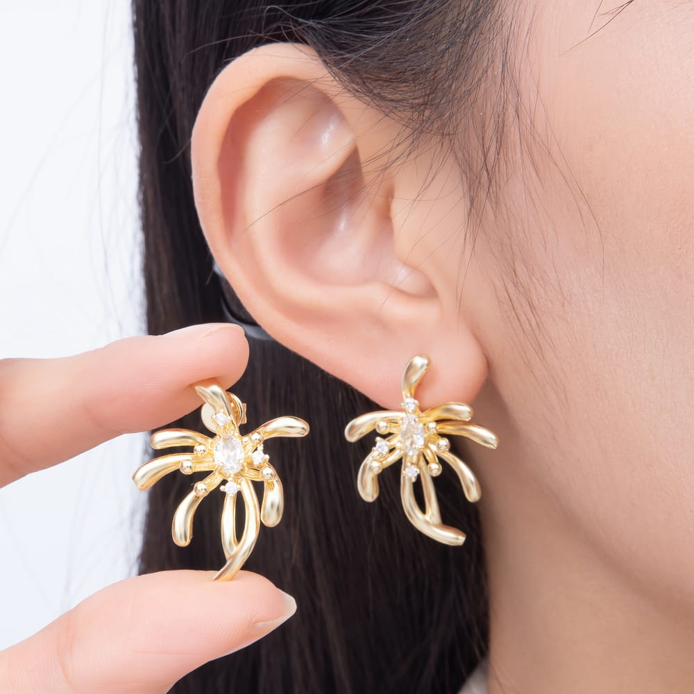 16K Gold Filled 30mm Oval CZ Sculptural Firework Stud Earrings in Gold & Silver | Earrings-00882 - Earrings-00883