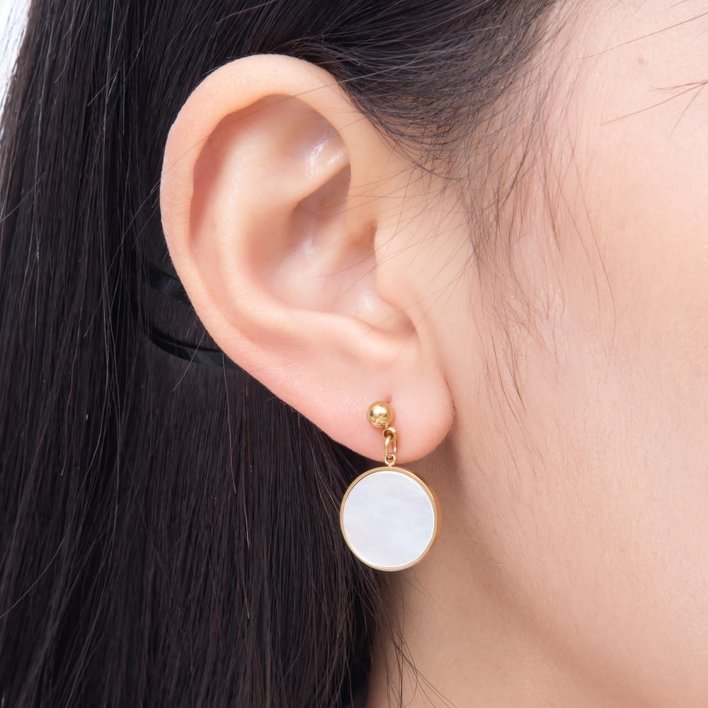 Stainless Steel 24mm Shell Pearl Round Ball Bezel Drop Stud Earrings | Earrings-01151