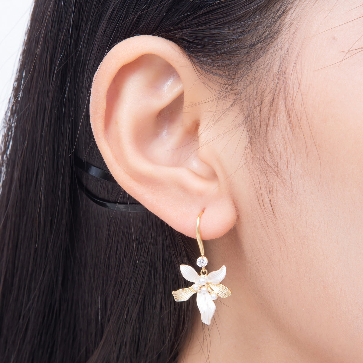 16K Gold Filled 31mm Shell Pearl Clear CZ White Enamel Flower Drop Earrings in Gold & Silver | Earrings-00843 - Earrings-00844
