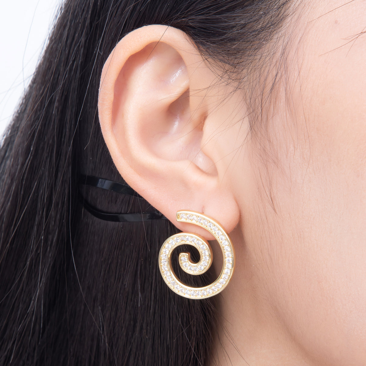 16K Gold Filled 24mm Micro Paved CZ Spiral Swirl Open Stud Earrings in Gold & Silver | Earrings-00858 - Earrings-00859