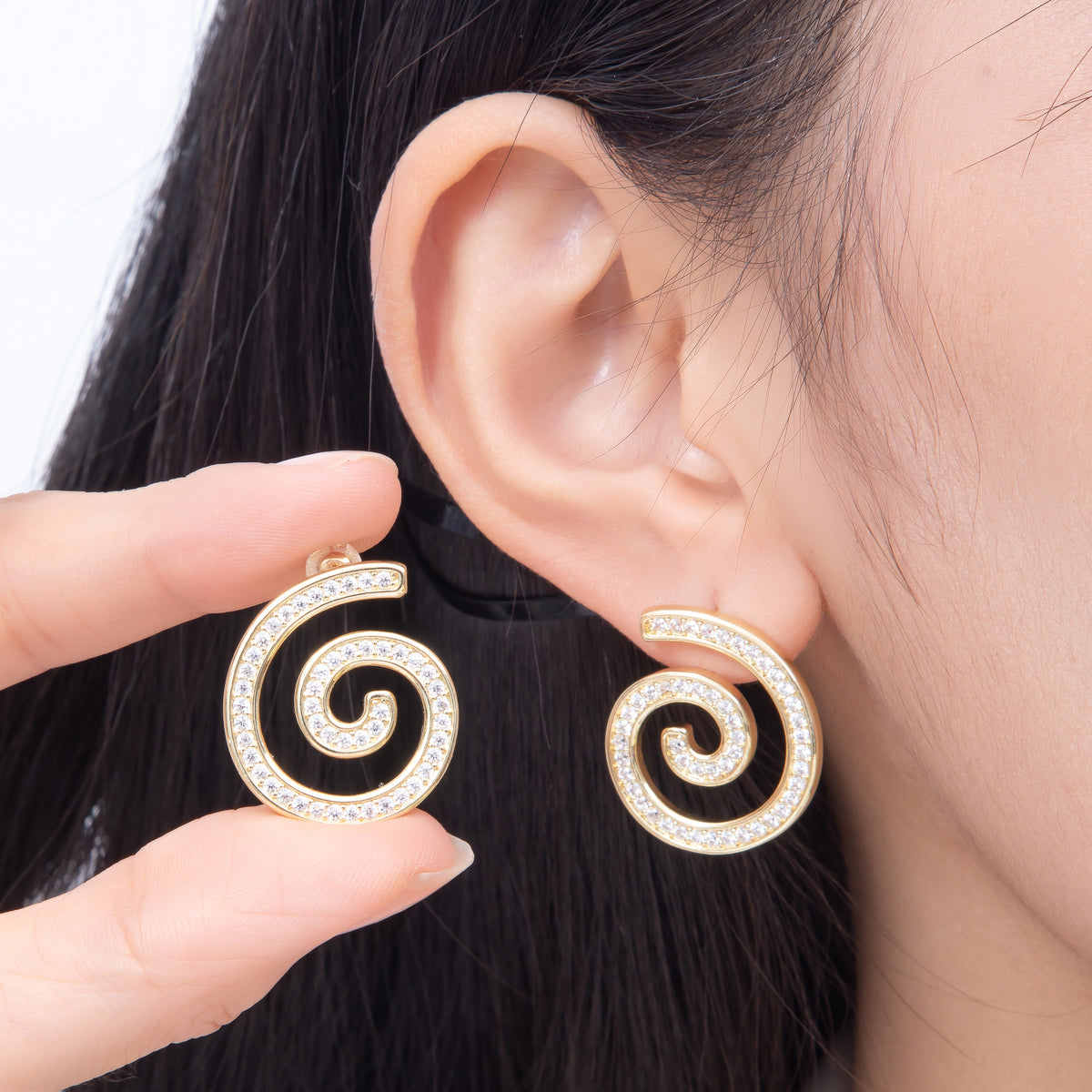 16K Gold Filled 24mm Micro Paved CZ Spiral Swirl Open Stud Earrings in Gold & Silver | Earrings-00858 - Earrings-00859