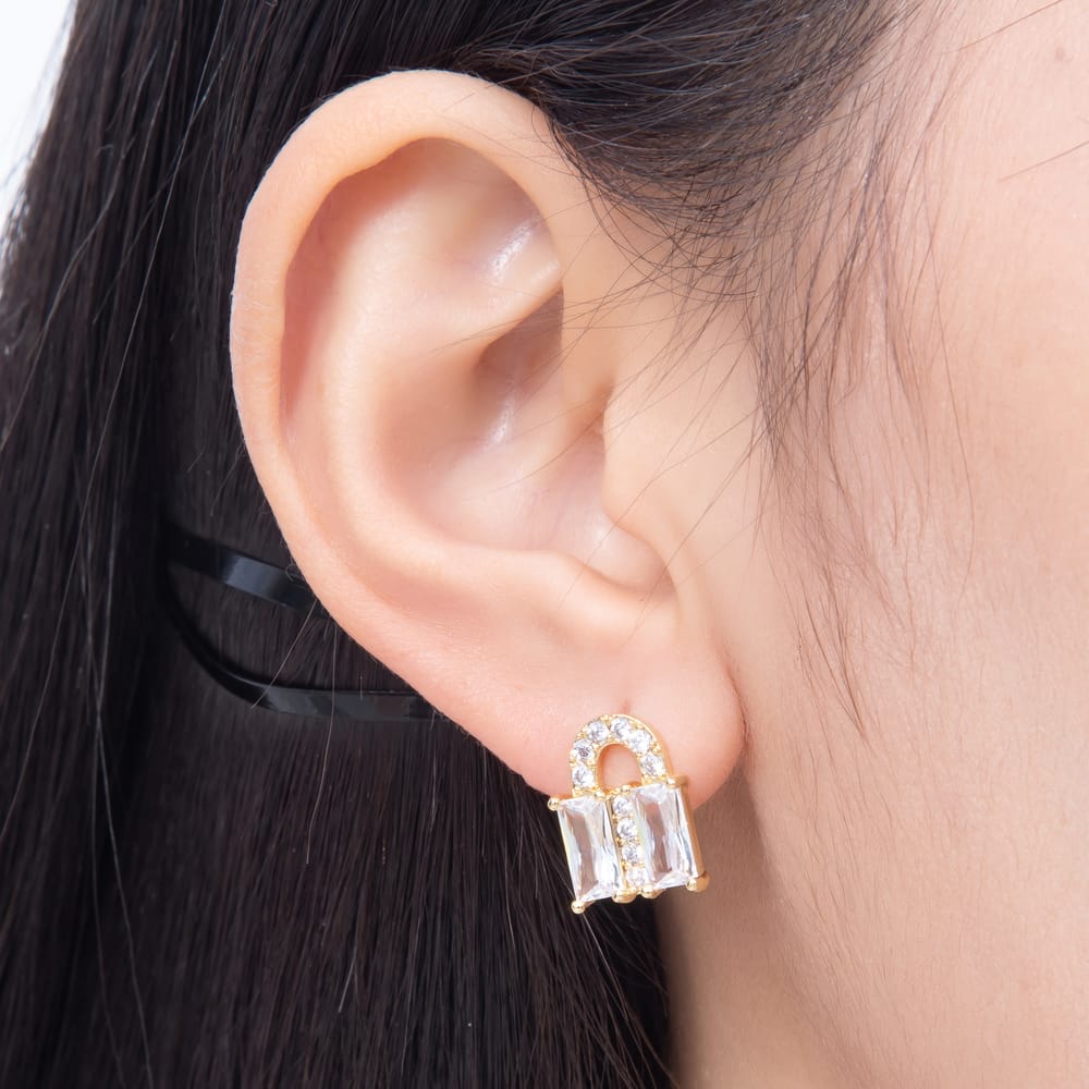 16K Gold Filled 15mm Clear Baguette CZ Handbag Lock Motif Stud Earrings| Earrings-00888 - Earrings-00889