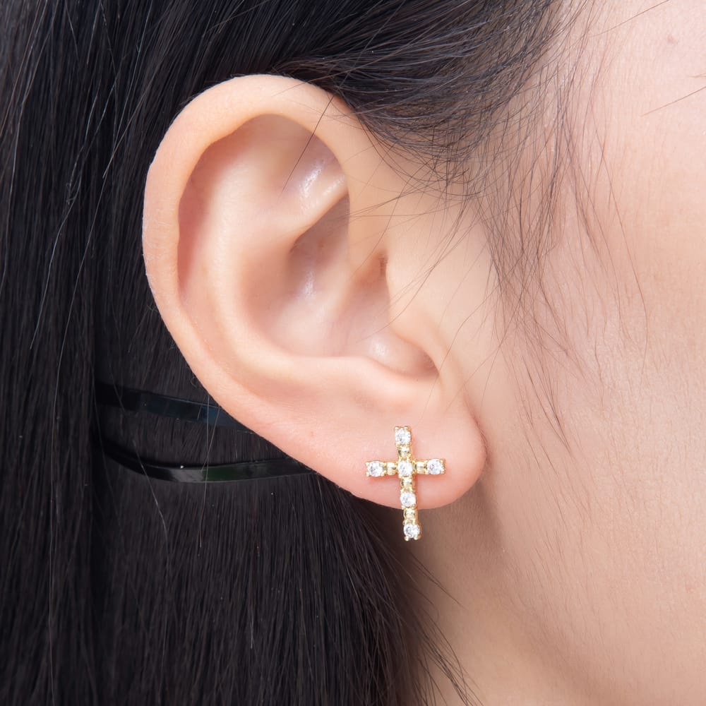 14K Gold Filled 15mm Clear CZ Round Bead Religious Cross Stud Earrings | Earrings-01149