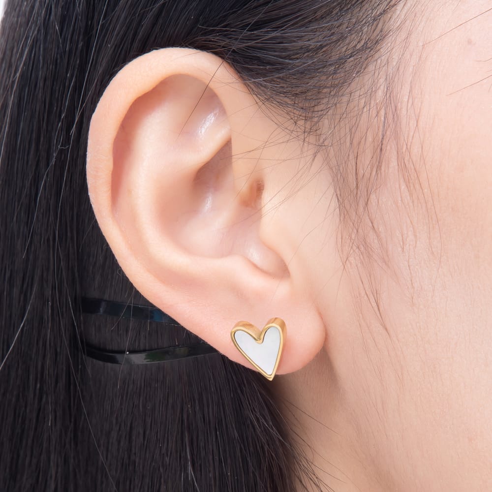 Stainless Steel 11.5mm Shell Pearl Bezel Heart Mini Stud | Earrings-01150